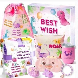 BeYumi Pink Dinosaur Gift for Girls Birthday Gift Box Blanket, Thermos, Backpack